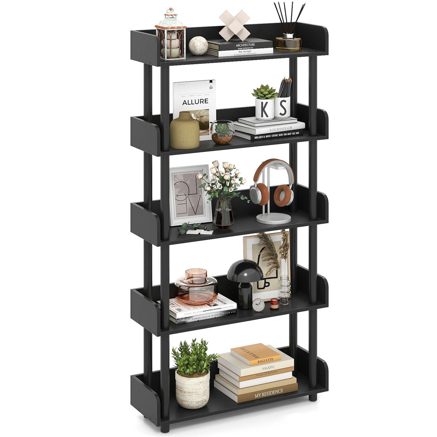 Tangkula 5-Tier Bookshelf Multipurpose Wood Standing Display Rack(1/2)