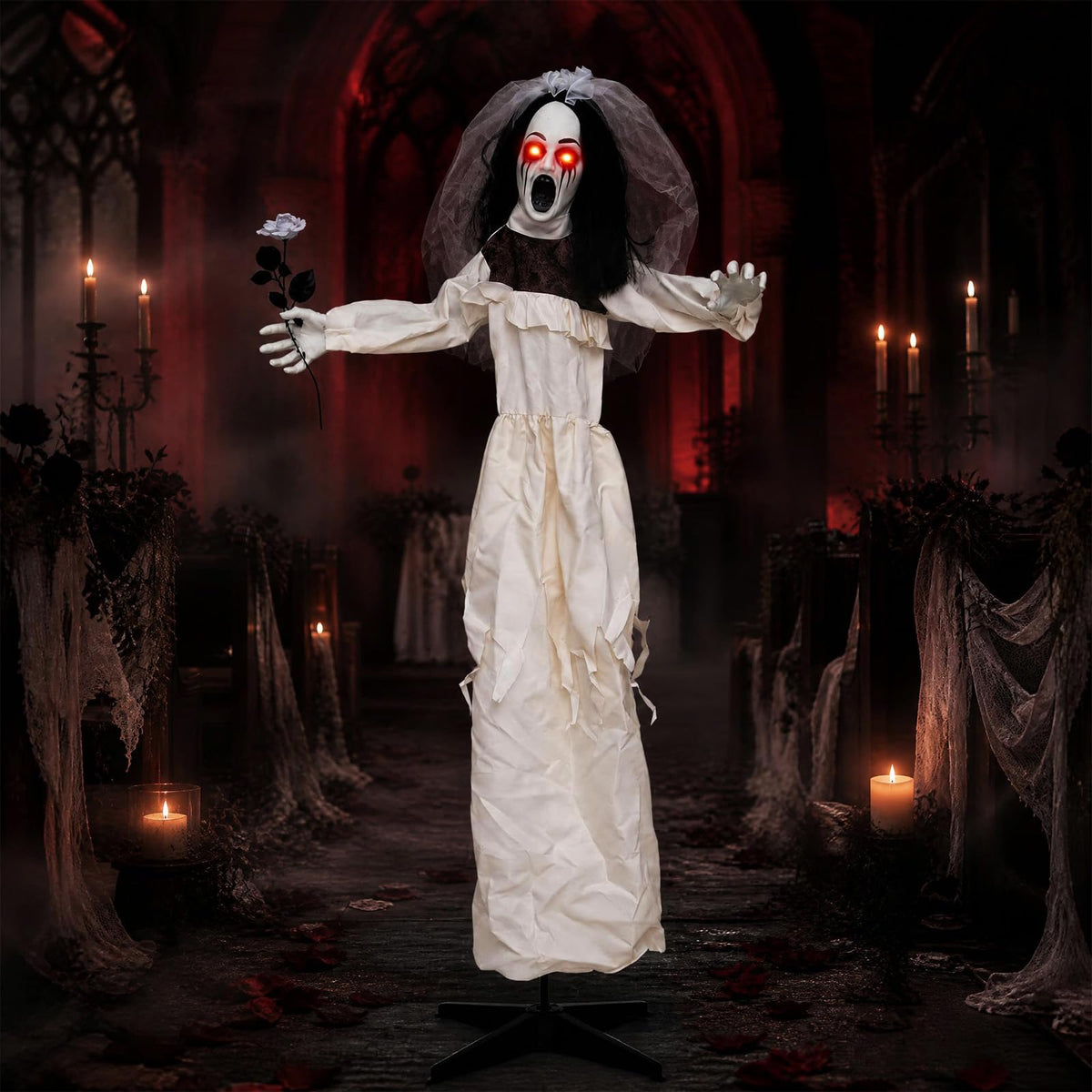 Tangkula 5.7 FT Halloween Standing Animatronics Ghost Bride with Flower
