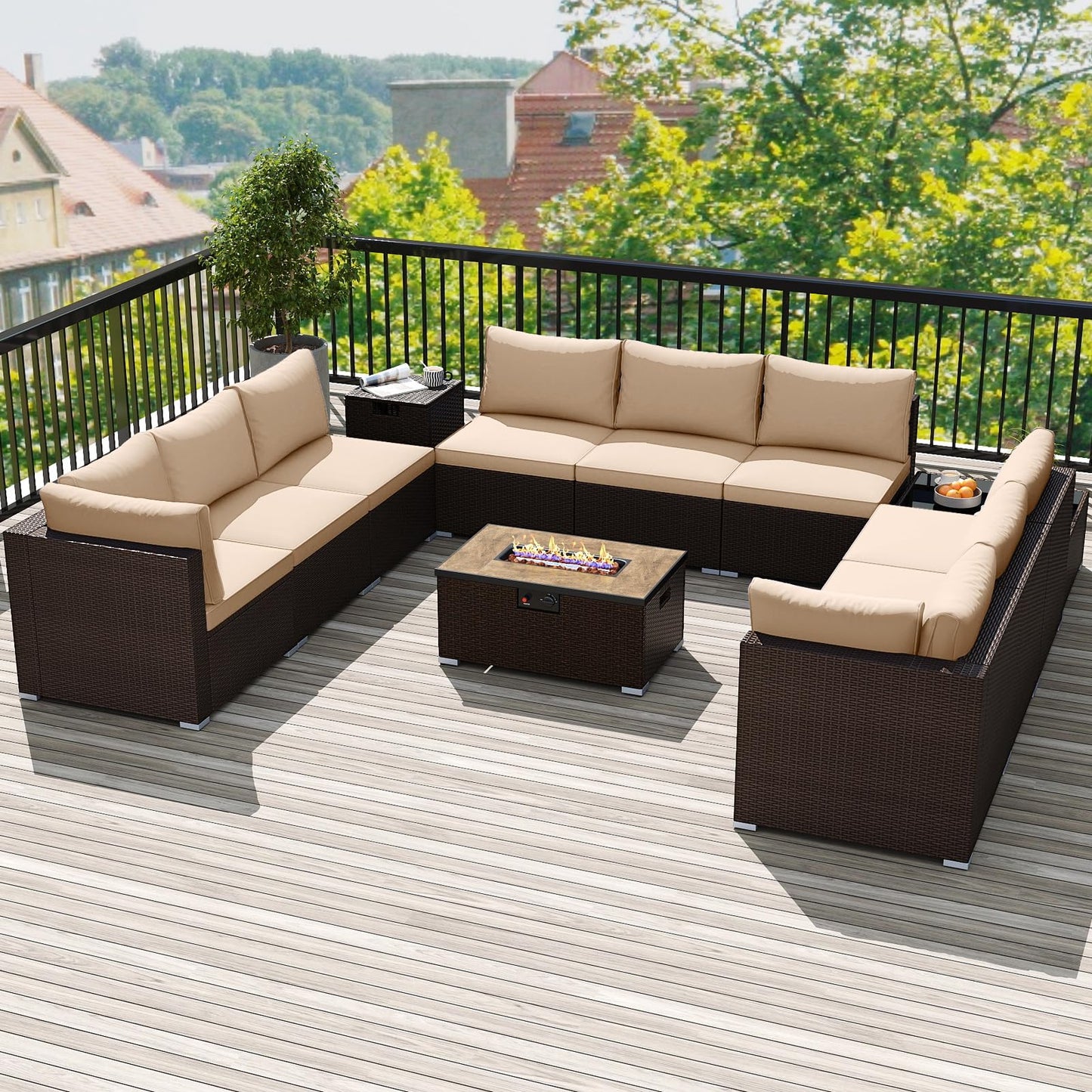 Tangkula 12 Pieces Patio Wicker Sectional Sofa Set with 40,000 BTU Propane Fire Pit Table