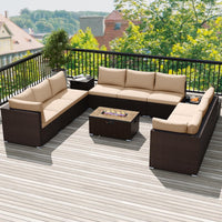 Tangkula 12 Pieces Patio Wicker Sectional Sofa Set with 40,000 BTU Propane Fire Pit Table