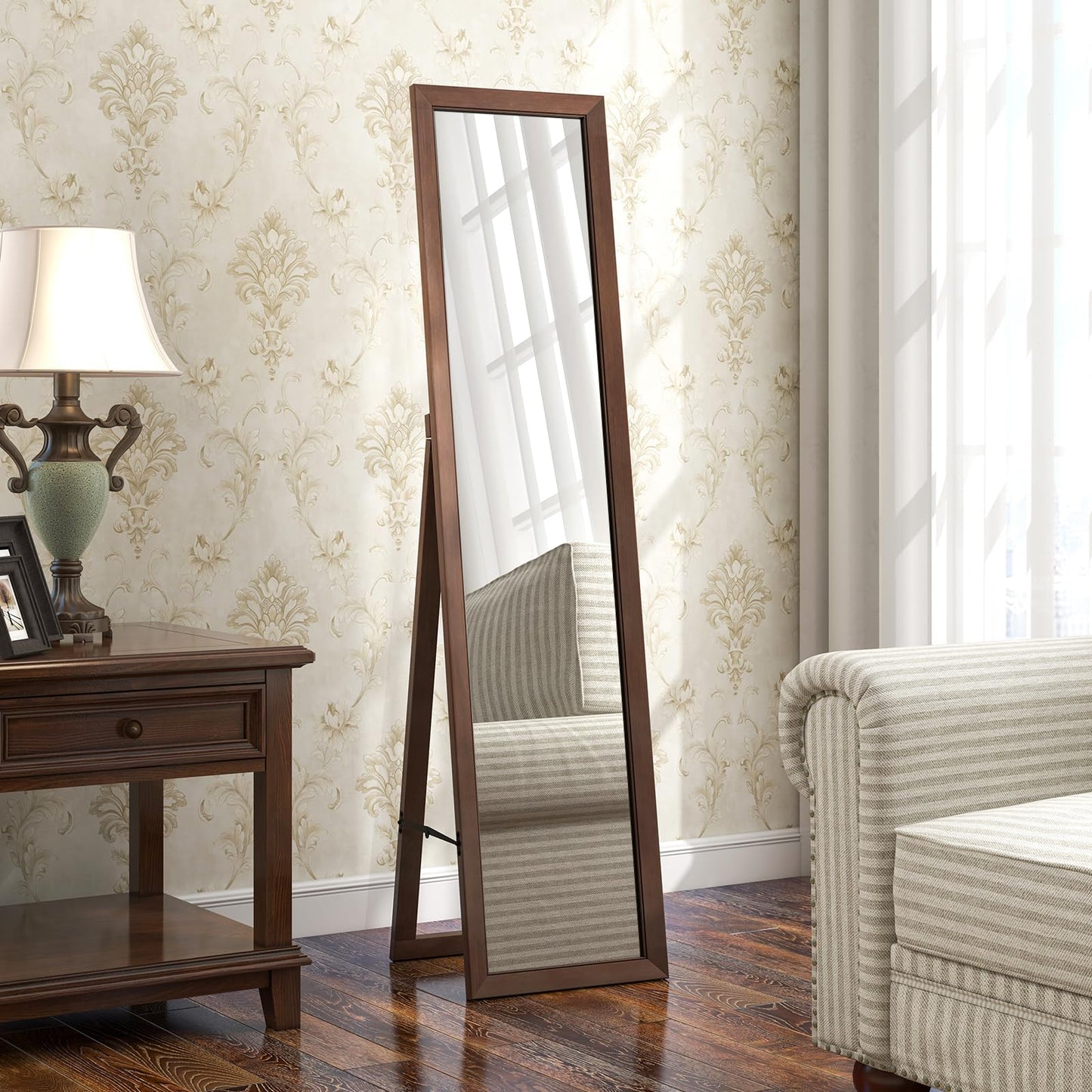 Tangkula Full Length Mirror with Stand, Solid Wood Frame Floor Mirror, Free Standing Full Body Mirror