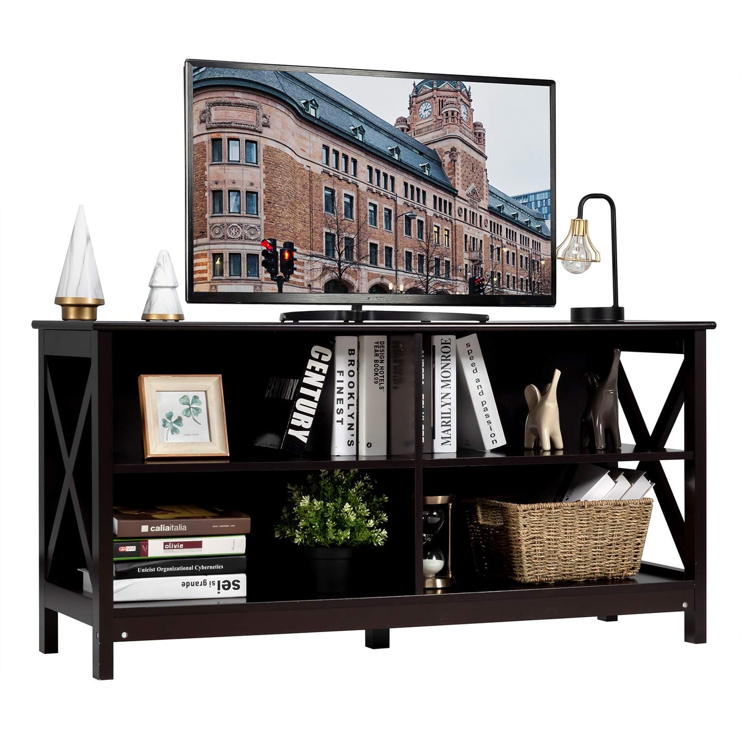 Meuble TV pour téléviseurs jusqu'à 55 pouces, meuble de divertissement en bois de style ferme avec cadre en X et 4 étagères de rangement ouvertes