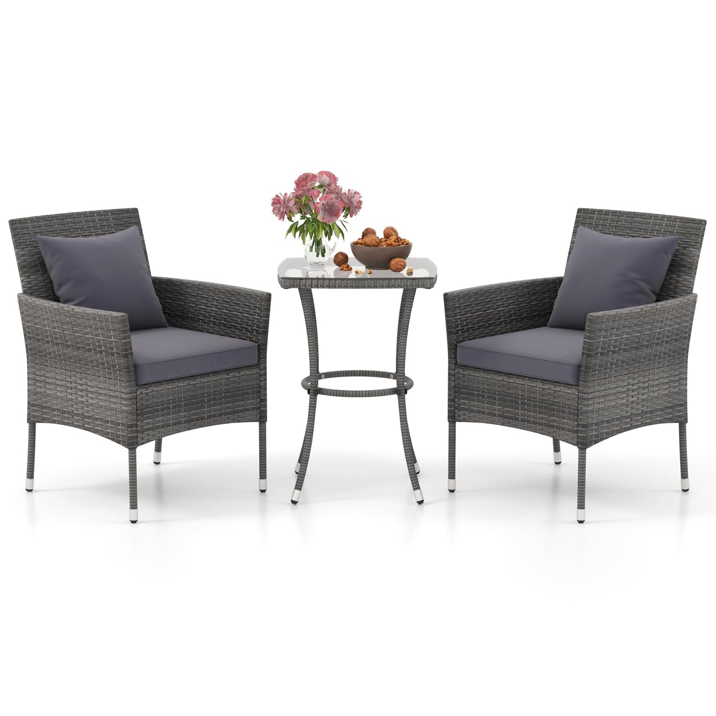 Tangkula 3-Piece Patio Furniture Set w/A Tempered Glass Table & 2 Cushioned Chairs