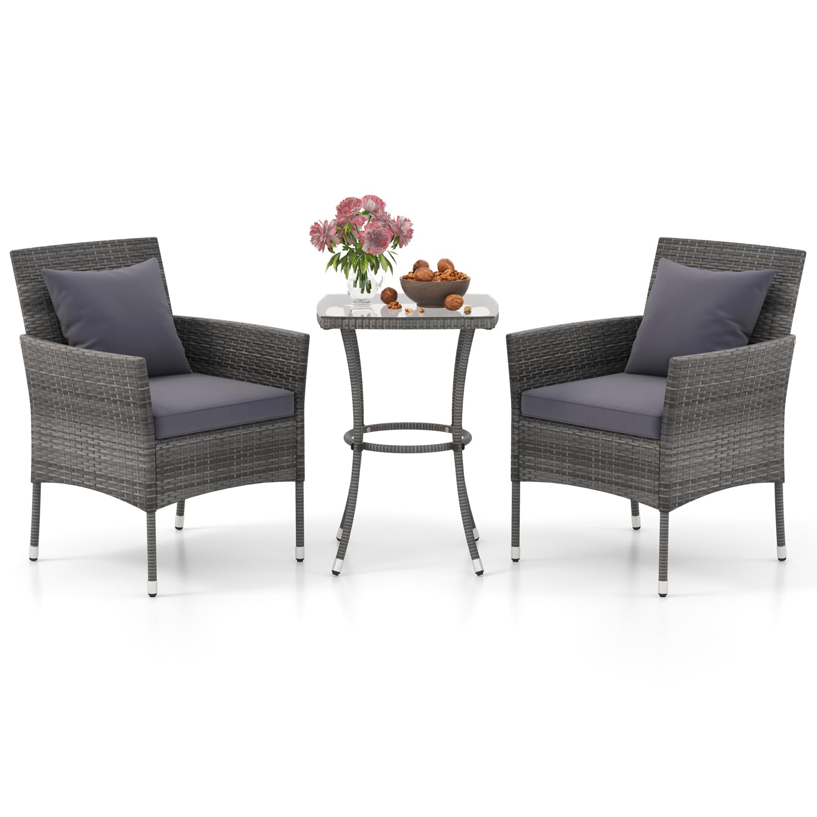 Tangkula 3-Piece Patio Furniture Set w/A Tempered Glass Table & 2 Cushioned Chairs