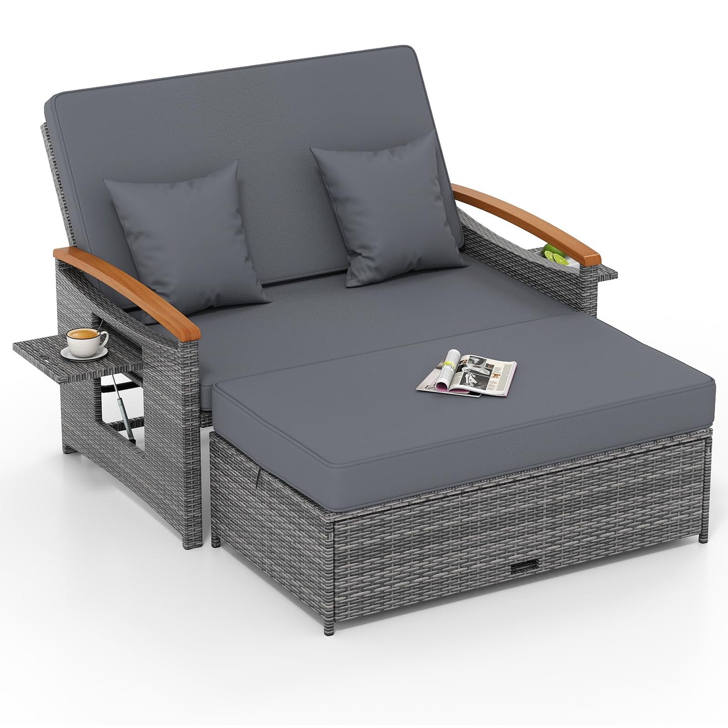 Tangkula Outdoor Wicker Loveseat with Acacia Wood Armrest Storage Ottoman & Folding Tray