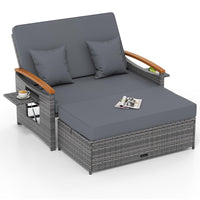 Tangkula Outdoor Wicker Loveseat with Acacia Wood Armrest Storage Ottoman & Folding Tray