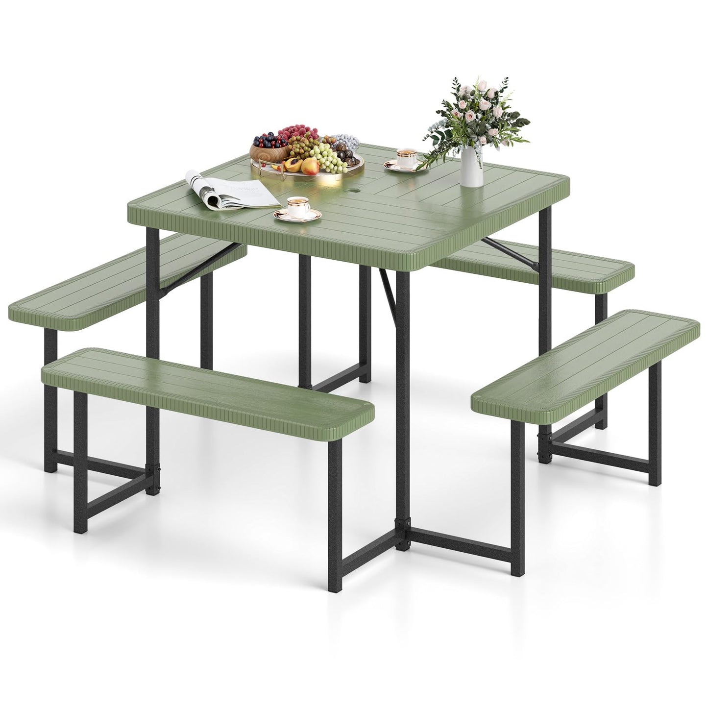 Tangkula 8 Person Picnic Table HDPE Outdoor Square Table and Bench Set