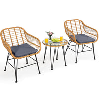 3 Pieces Patio Bistro Set, Rattan Conversation Set with 2 Cushioned Armchairs & Round Glass Coffee Table