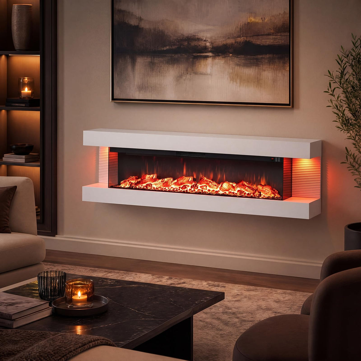 Tangkula 18"/26"/36"/46" 3-Sided WiFi Electric Fireplace with 32"/40"/50"/60" Floating Mantel