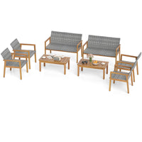 Tangkula 4/8 Pieces Outdoor Furniture Set, Acacia Wood Frame Sofa Set w/Rattan Seat & Back
