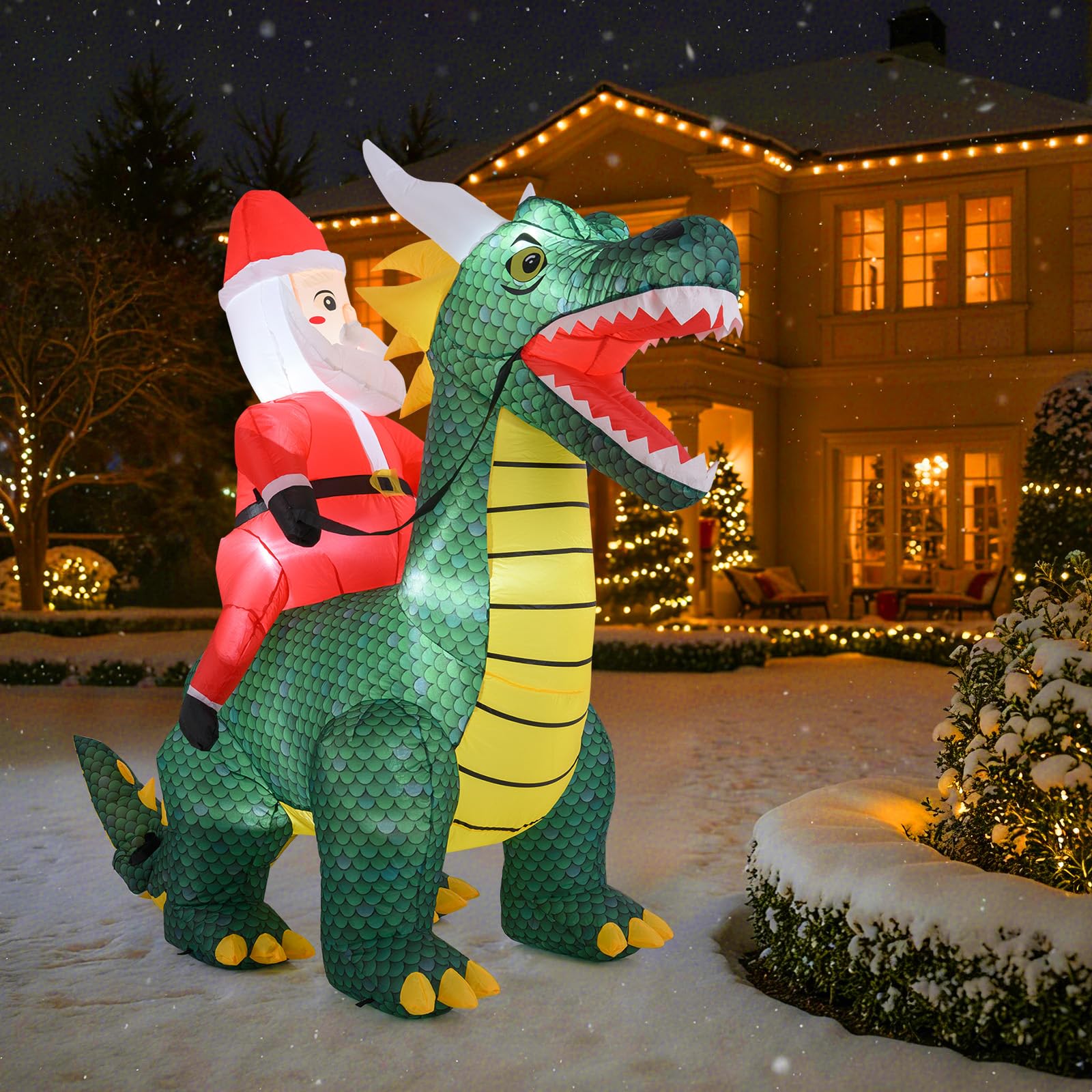 Tangkula 6 FT Christmas Inflatable Santa Claus Ride on Dinosaur