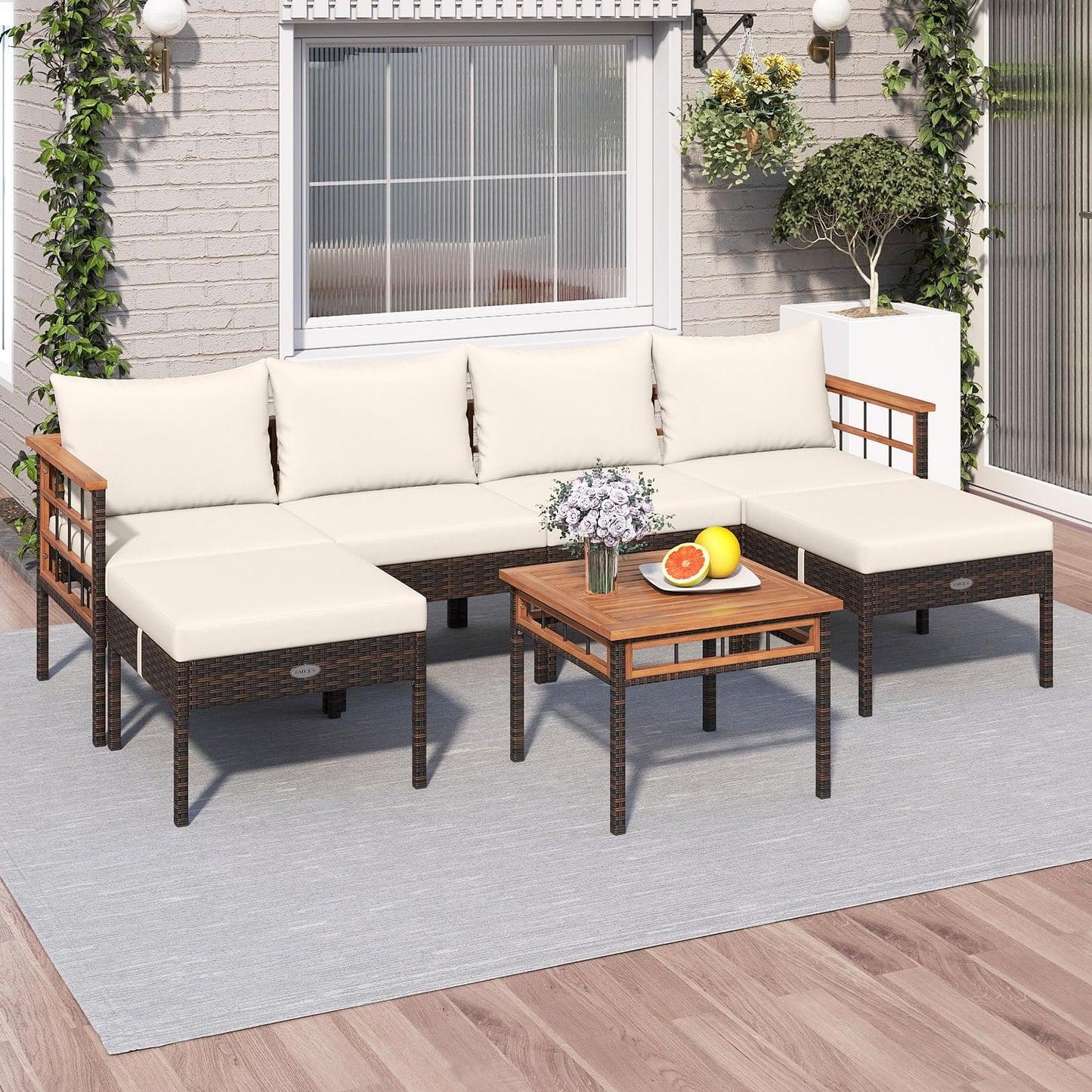 Tangkula 7 Pieces U Shaped Outdoor Wicker Furniture Set