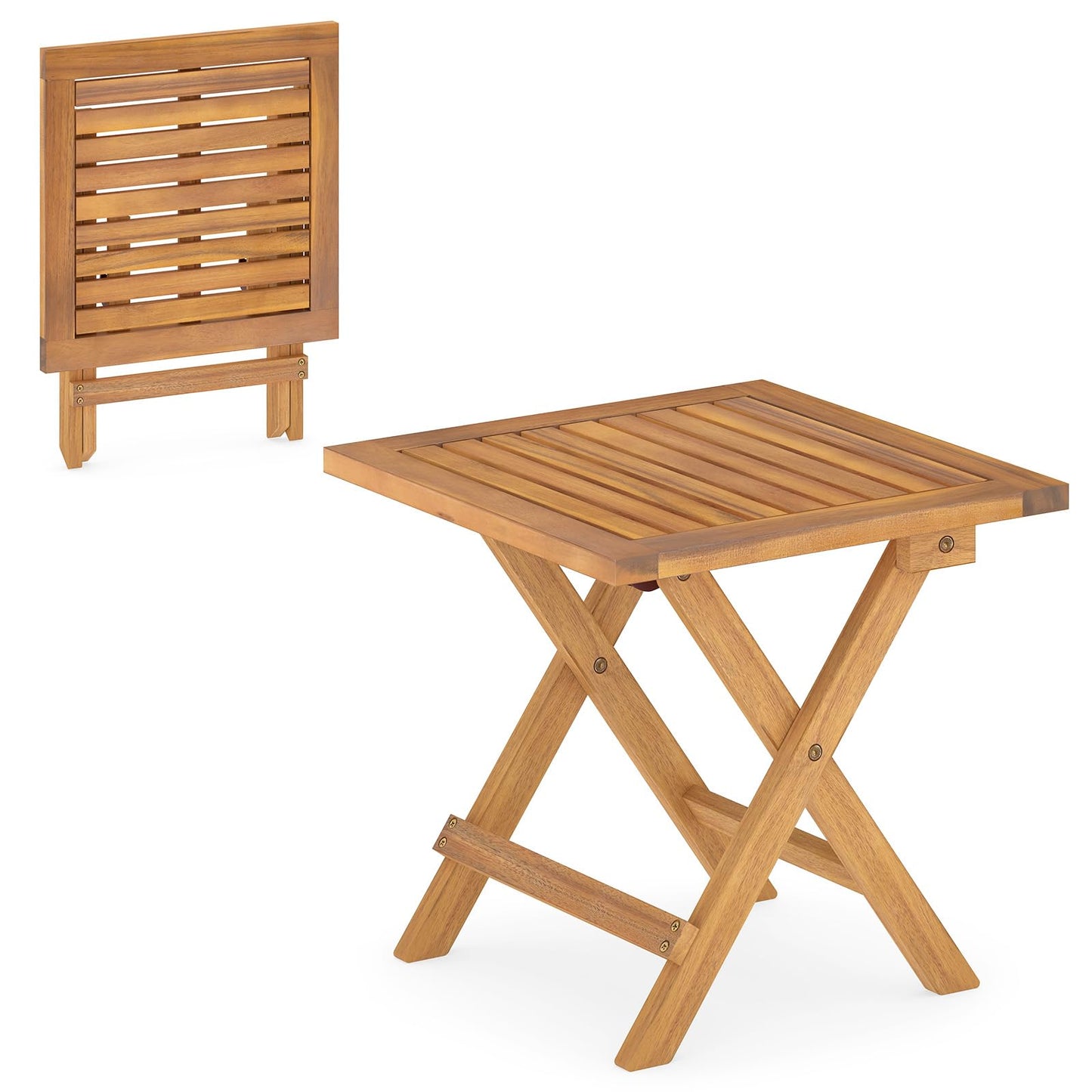 Tangkula Table d'appoint pliable d'extérieur en bois d'acacia avec pieds en X et plateau à lattes