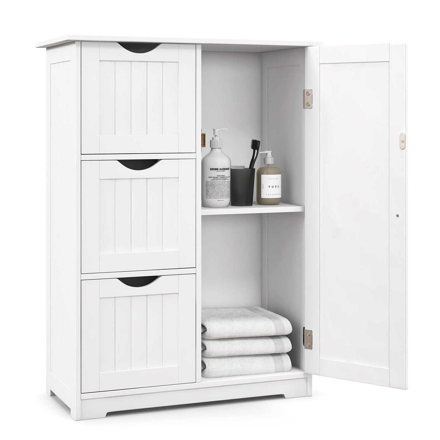 Tangkula Bathroom Floor Cabinet, Freestanding Side Storage Cabinet w/ 3 Drawers & 1 Cupboard