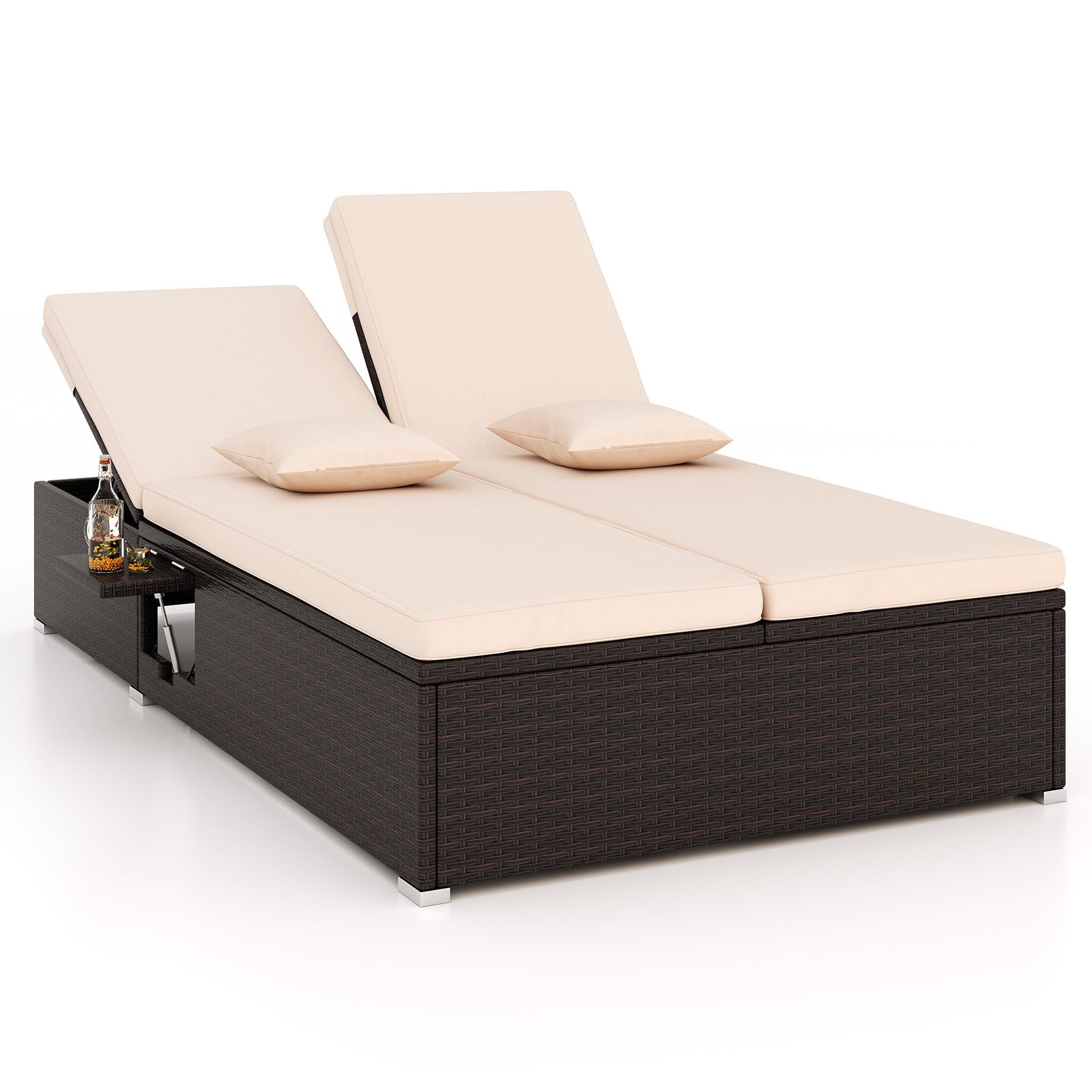 Tangkula Patio Double Chaise Lounge, Patiojoy 6 Position Adjustable Wicker Recliner Bed