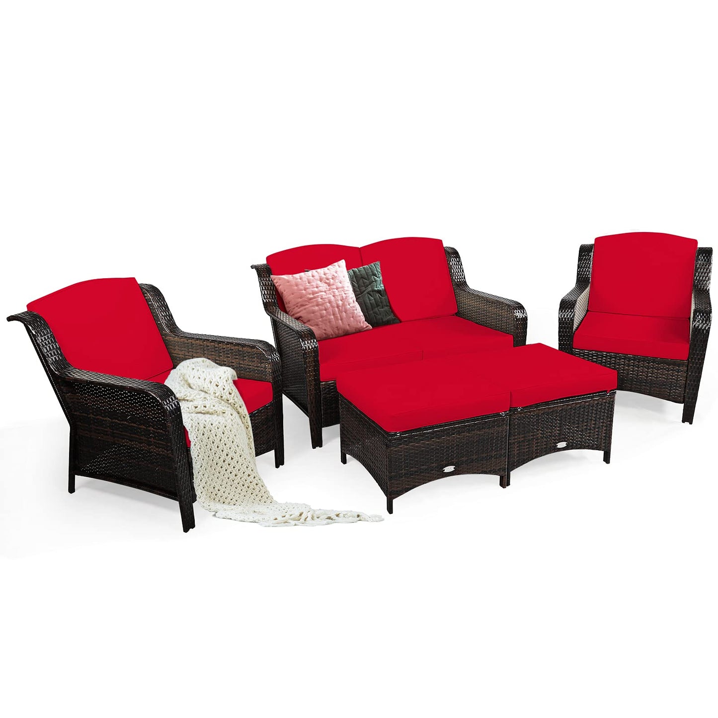 5 Pieces Patio Furniture Set, Outdoor Rattan Conversation Sofa Set with Loveseat
