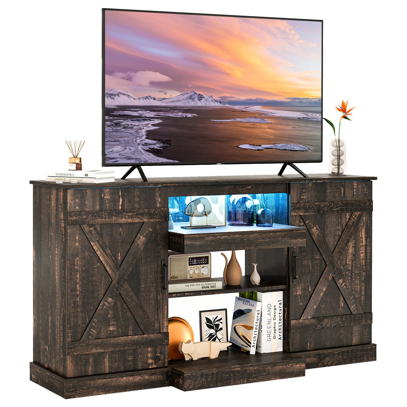 Tangkula 58”L Farmhouse LED TV Stand for TV up to 65 Inch