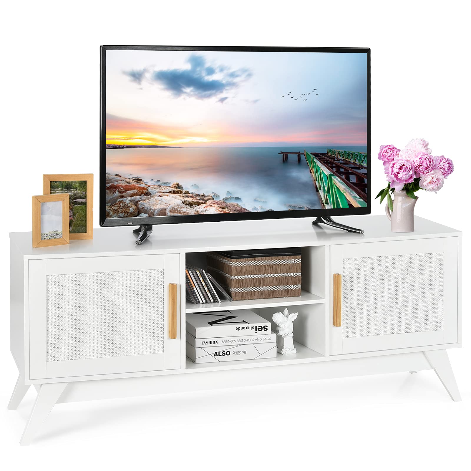Tangkula Rattan TV Stand for TVs Up to 65 Inches with Cable Holes for Bedroom Living Room