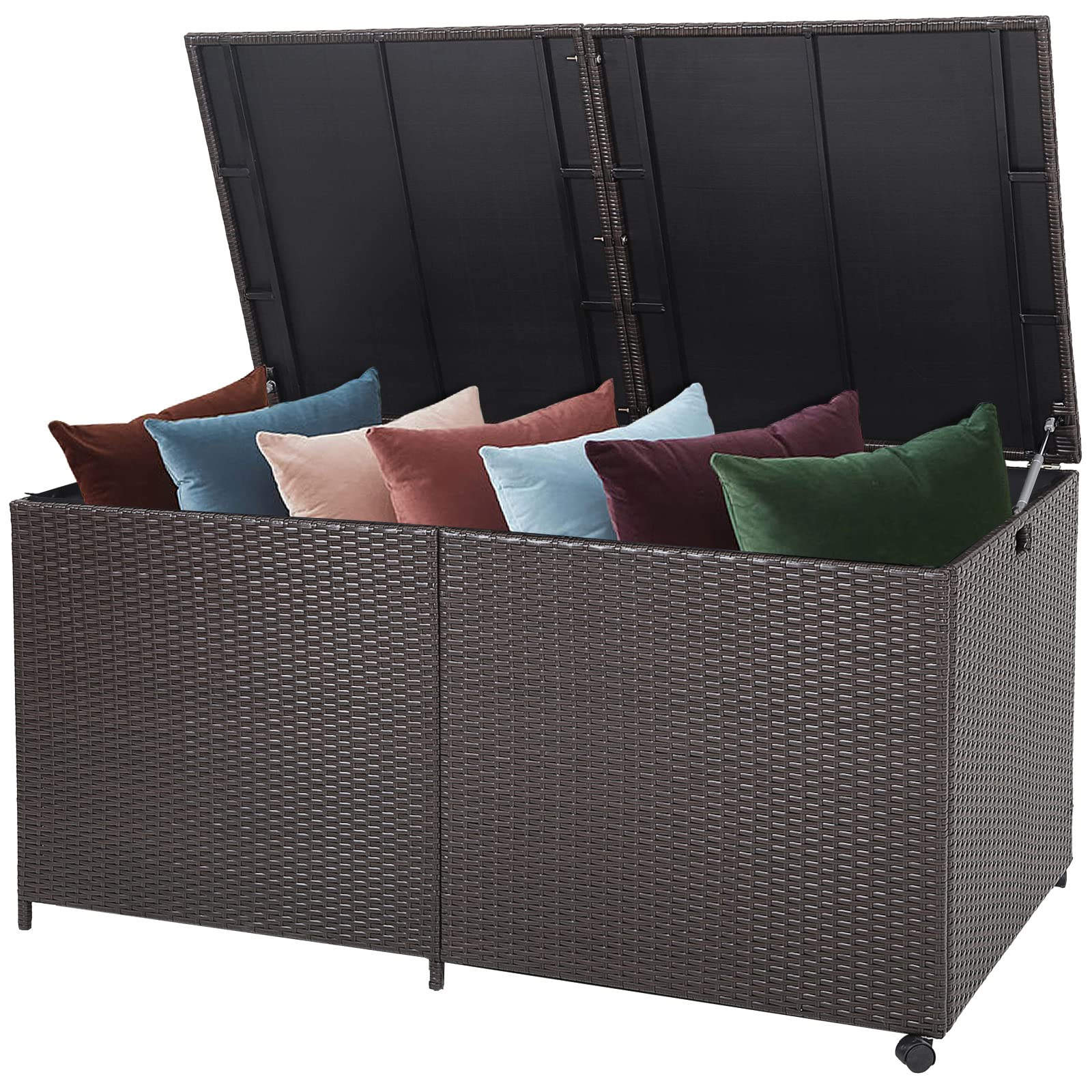 Tangkula 175 Gallon Outdoor Storage Box, Wicker Patio Deck Box with 2 Universal Wheels and Waterproof Zippered Liner