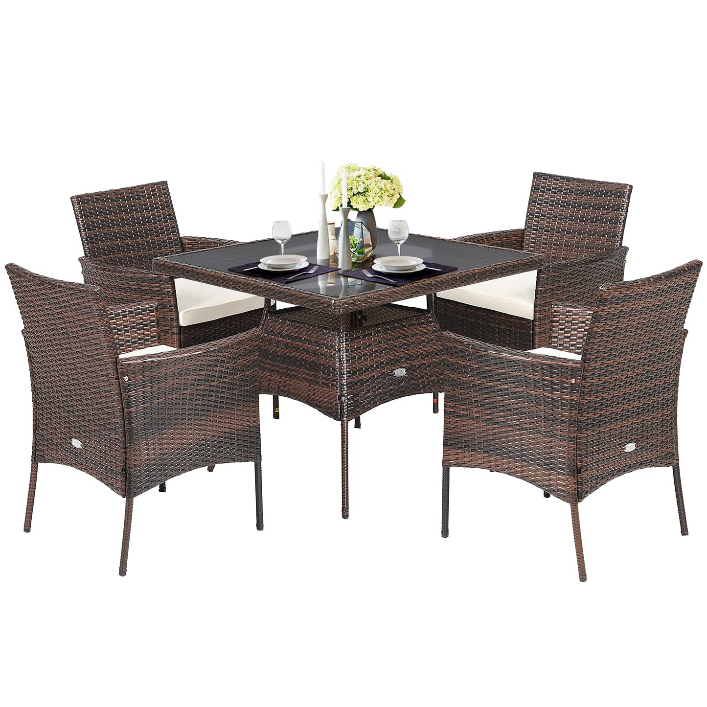 Tangkula 5 Pieces Wicker Patio Dining Set, Outdoor PE Rattan Chairs Table Set with 4 Seat Cushions