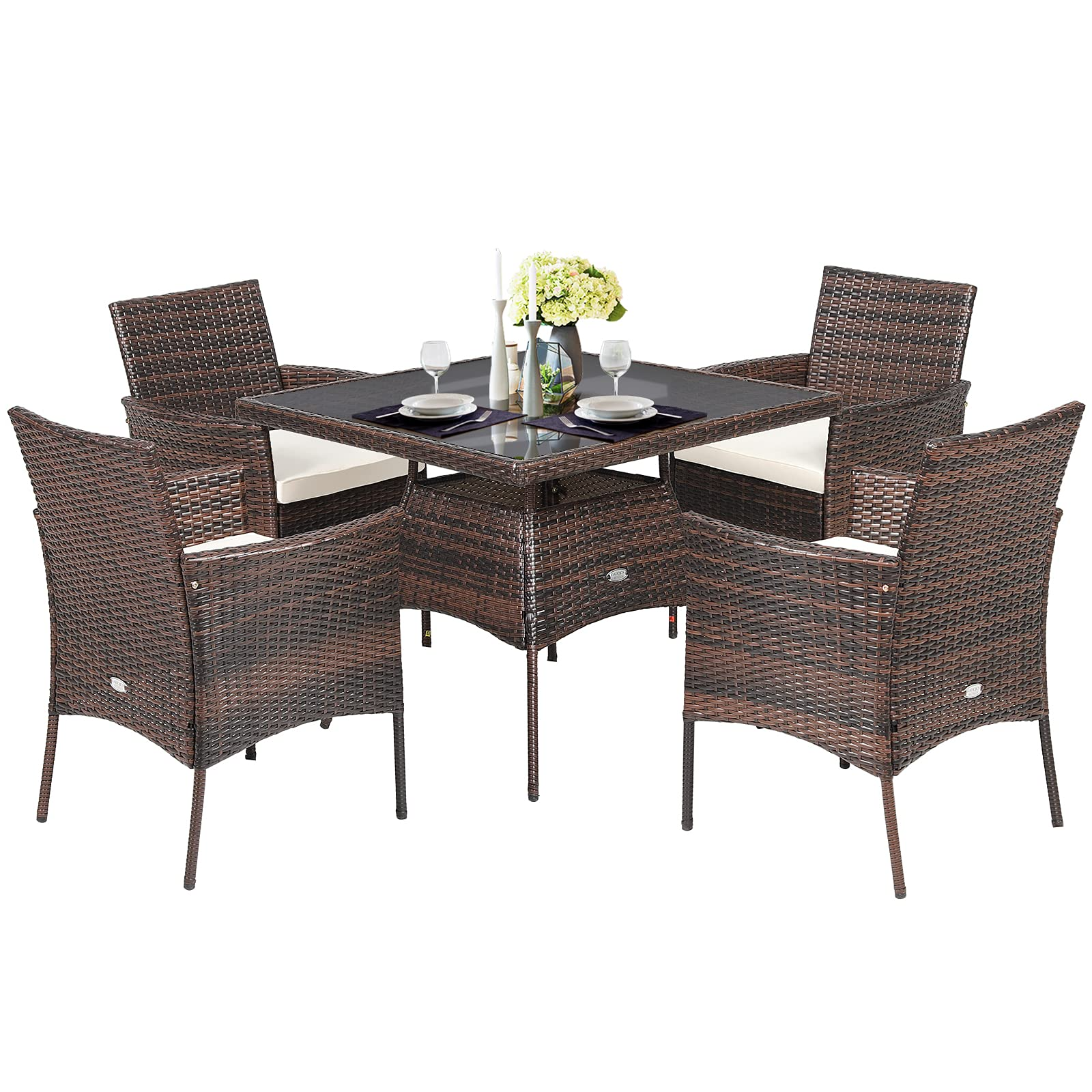 Tangkula 5 Pieces Wicker Patio Dining Set, Outdoor PE Rattan Chairs Table Set with 4 Seat Cushions