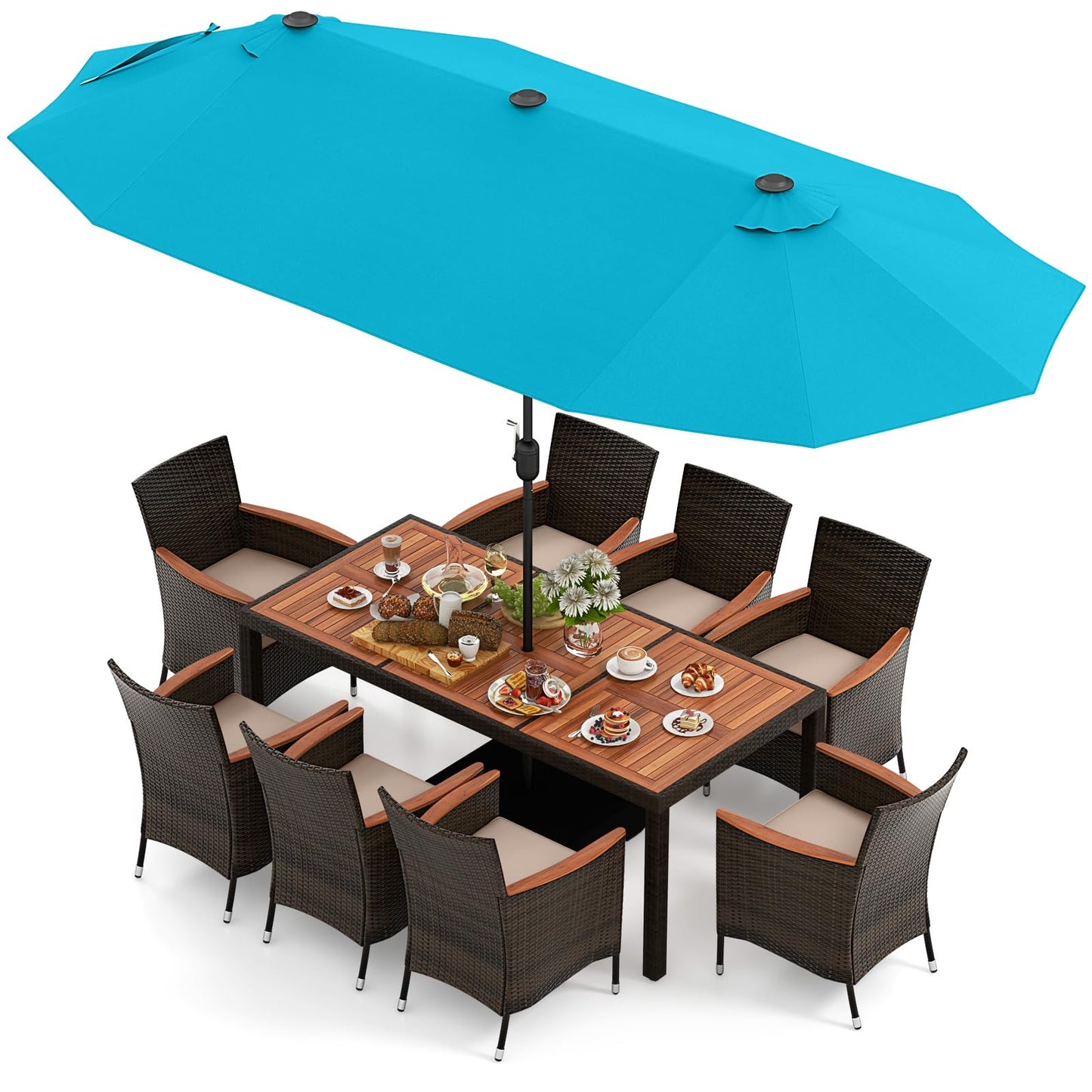 Tangkula 11 Pieces Rattan Outdoor Dining Set with 15Ft Solar Patio Umbrella for 8