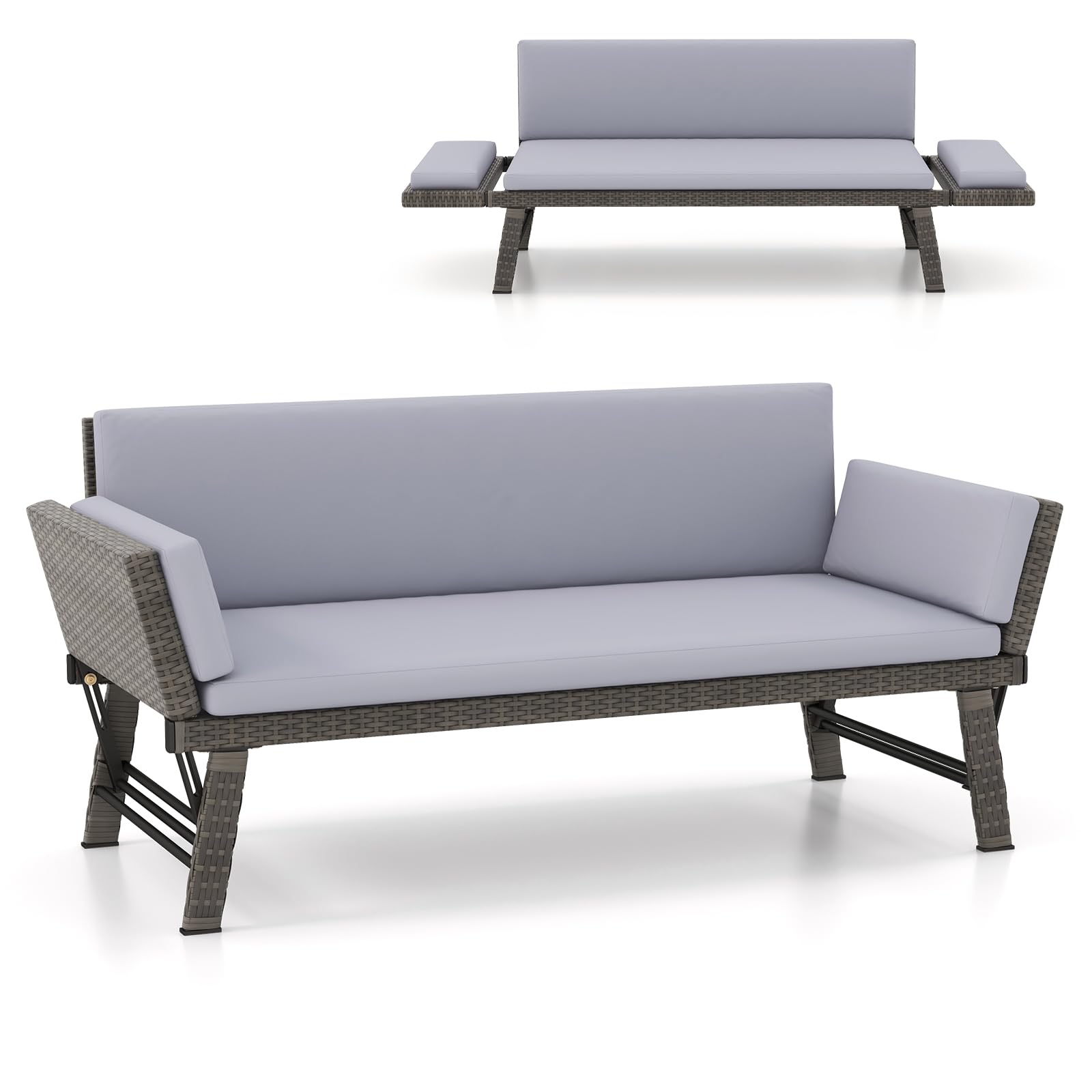 Tangkula Outdoor Convertible Sofa Daybed with Adjustable Armrests, PE Rattan Patio Couch Furniture with Thick Cushions