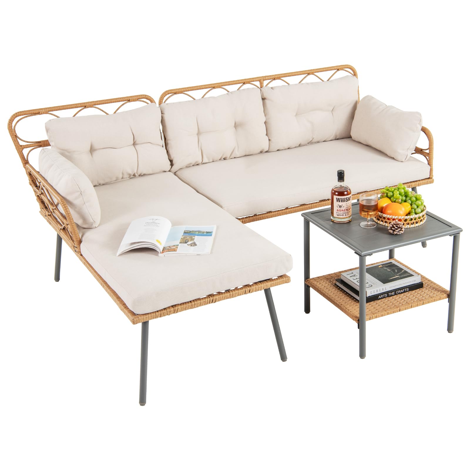 Tangkula 3 Pieces Corner Patio Furniture Set, PE Rattan L-Shaped Cushioned Sofa Set with Small Coffee Table
