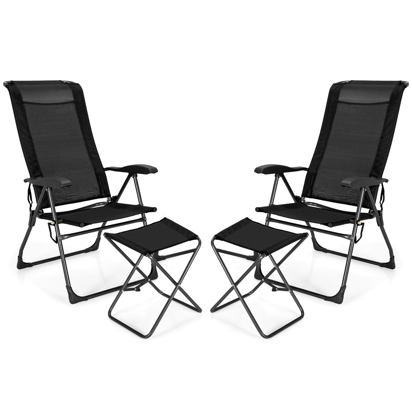 Tangkula Folding Patio Chairs, Set of 2 Outdoor Dining Chairs & Ottomans, Lawn Chairs with 7-Level Adjustable Backrest
