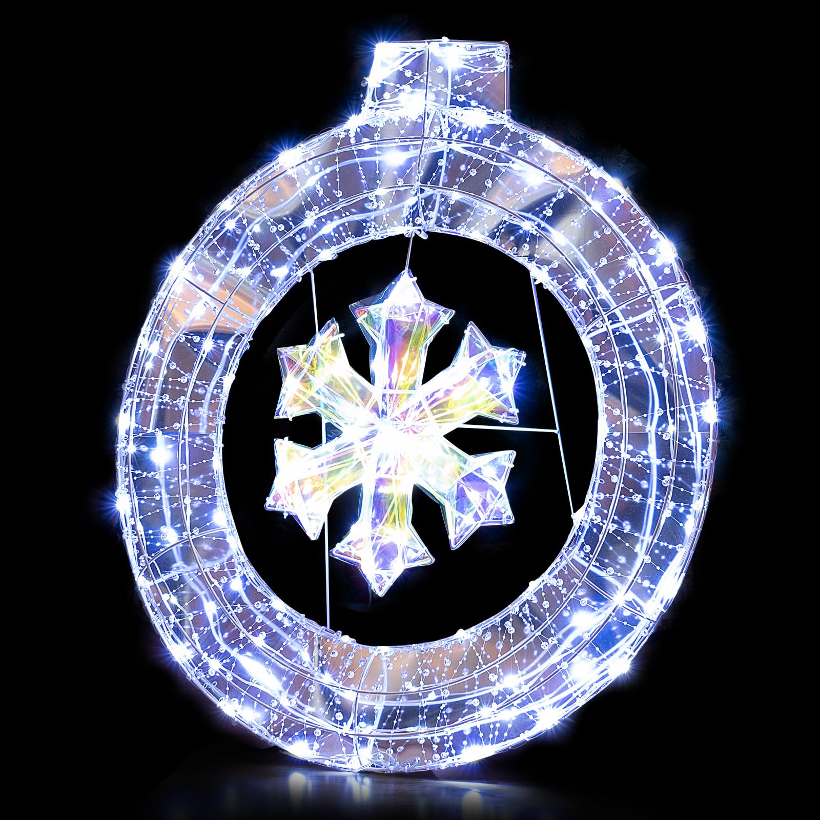 Tangkula 33 Inch Lighted Snowflake Christmas Wreath w/Hanging Ring & Support Bracket