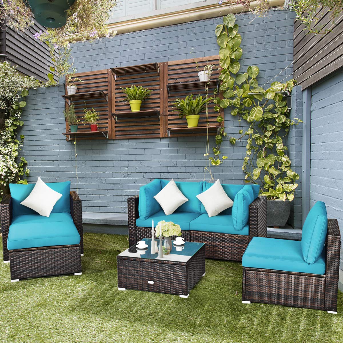 6 Pieces Patio Rattan Sectional Furniture Set, Outdoor Wicker Conversation Set with Glass Coffee Table Sofa Ottoman