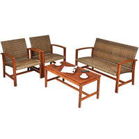 Tangkula 4 PCS Patio Acacia Wood Rattan Conversation Set