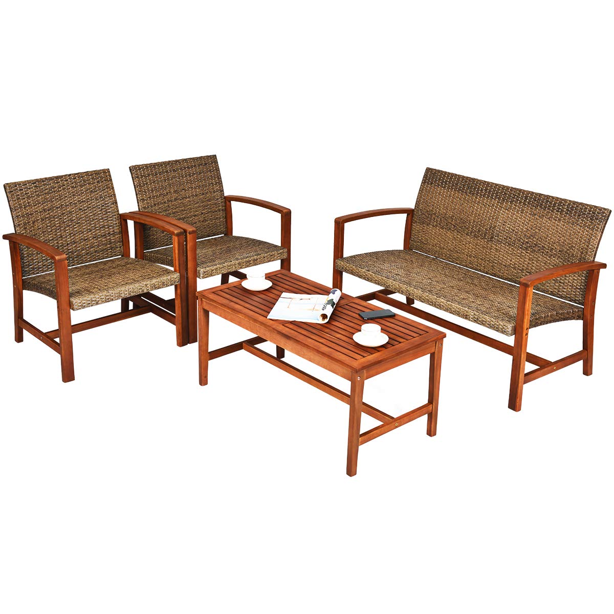 Tangkula 4 PCS Patio Acacia Wood Rattan Conversation Set