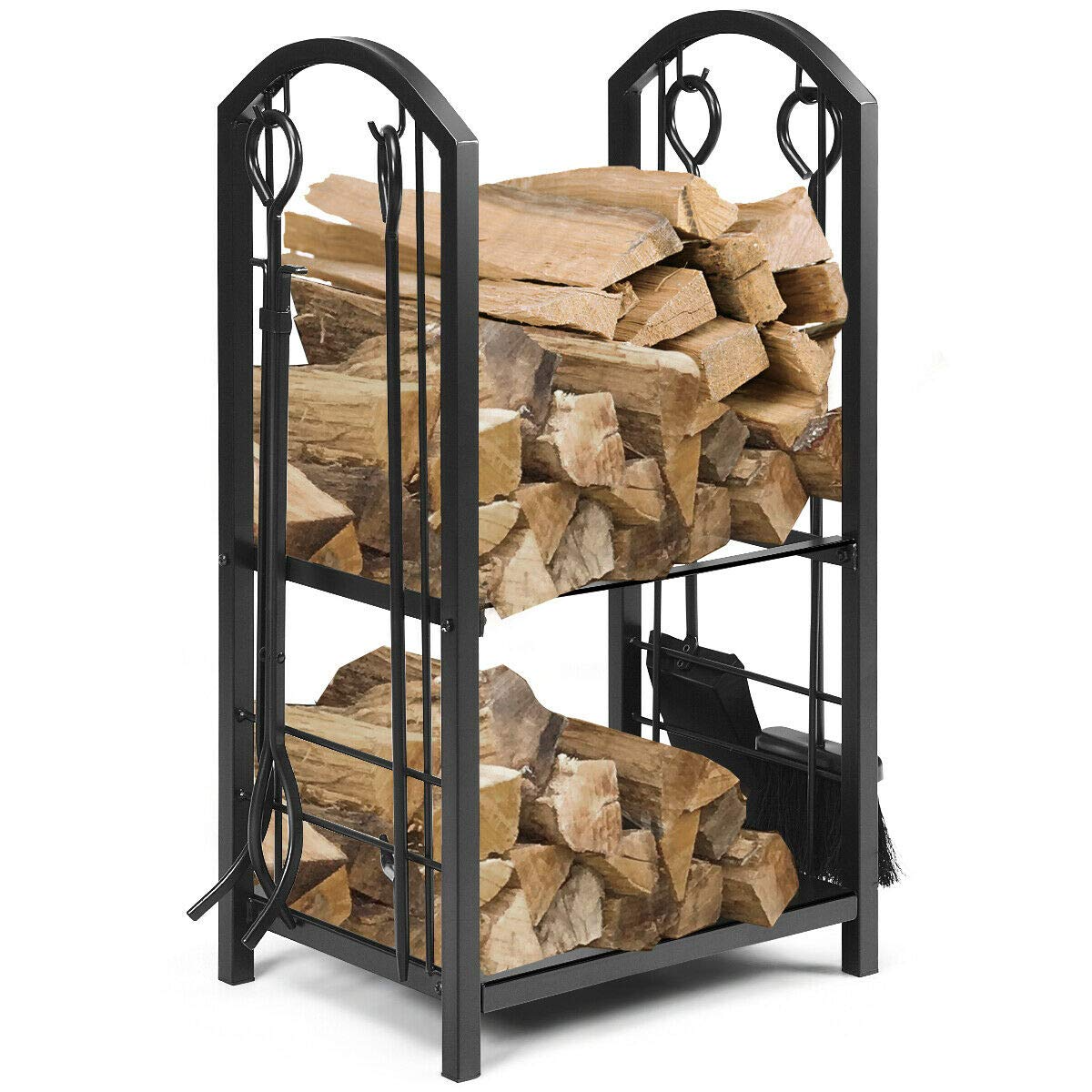 Range-bûches Tangkula avec 4 outils de cheminée, support de rangement pour bûches avec kit d'outils de cheminée (17,5" L x 12" l x 29,5" H)