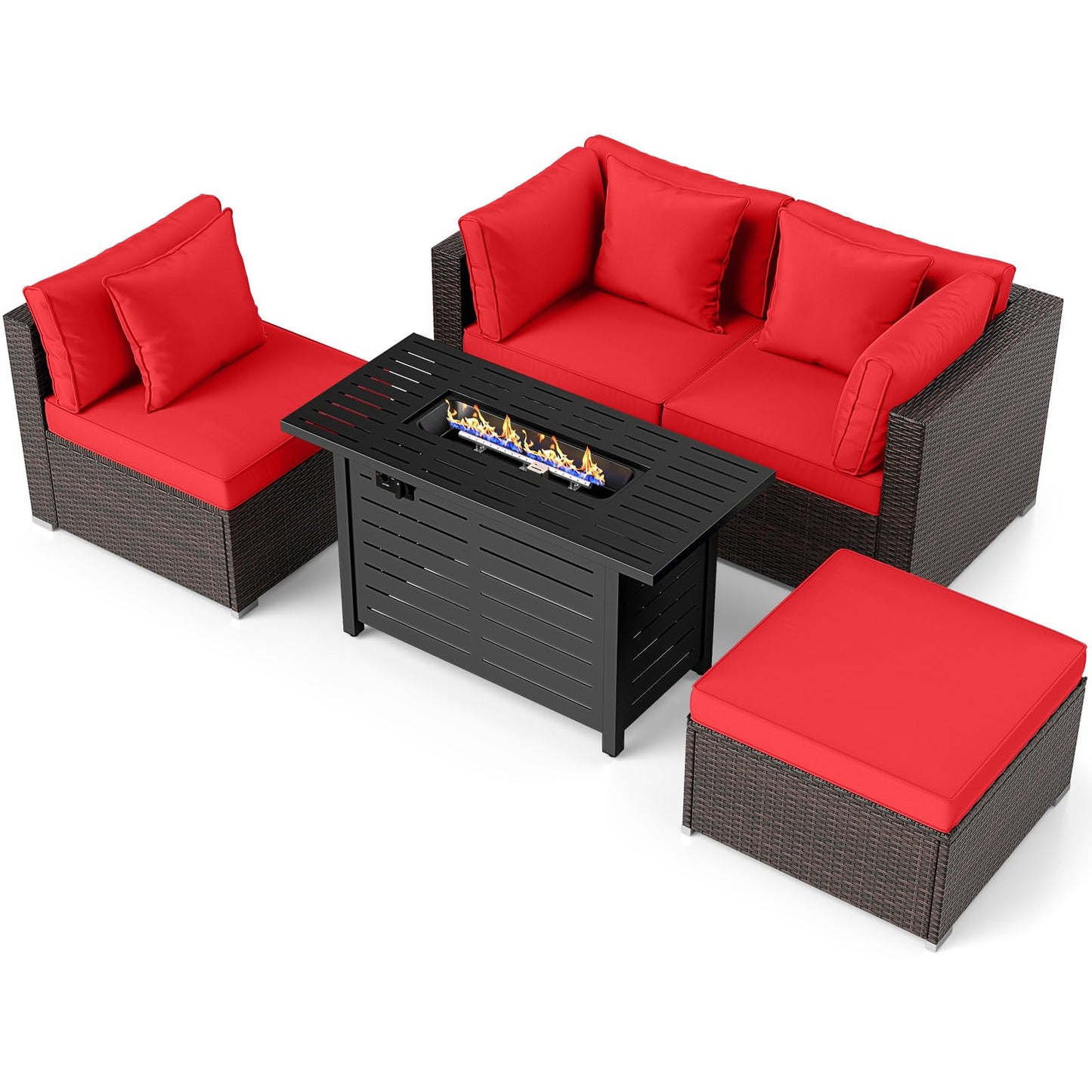 Tangkula 5 Piece Patio Rattan Sectional Sofa Set with 60,000 BTU Firepit Table