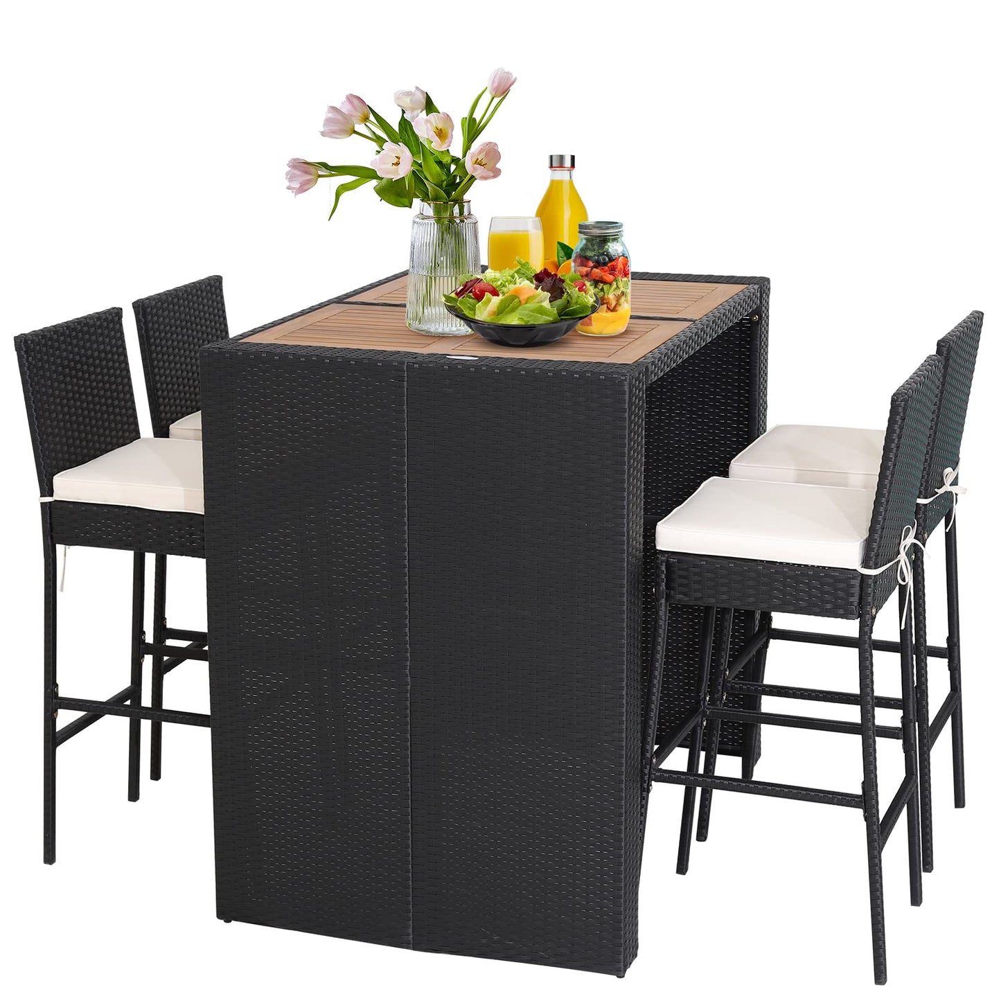 Ensemble de bar 5 pièces Tangkula en rotin synthétique pour terrasse, table de bar en bois d'acacia et 4 tabourets de bar en rotin (blanc cassé)