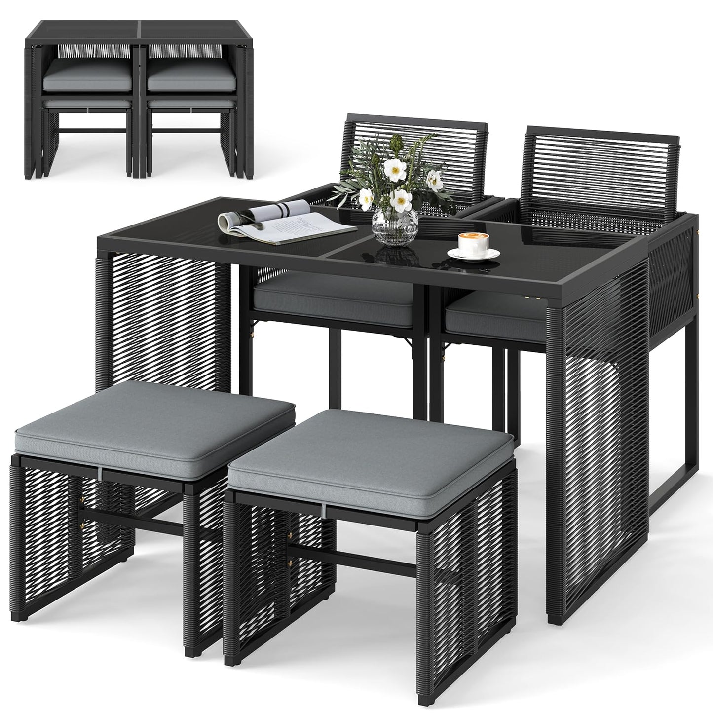 Tangkula 5 Pieces PE Wicker Patio Dining Set  with Cushions