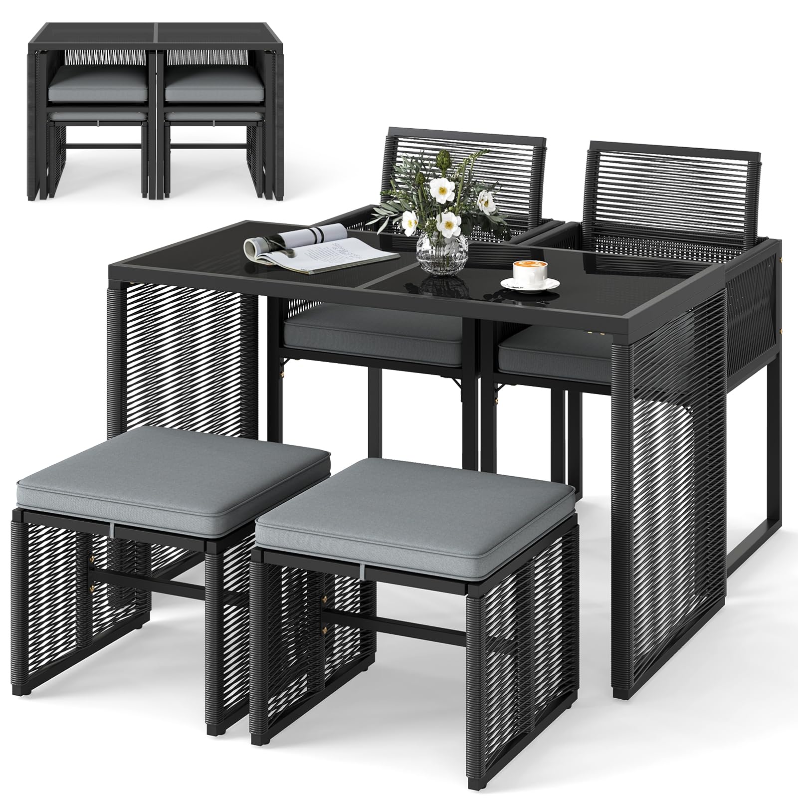 Tangkula 5 Pieces PE Wicker Patio Dining Set  with Cushions