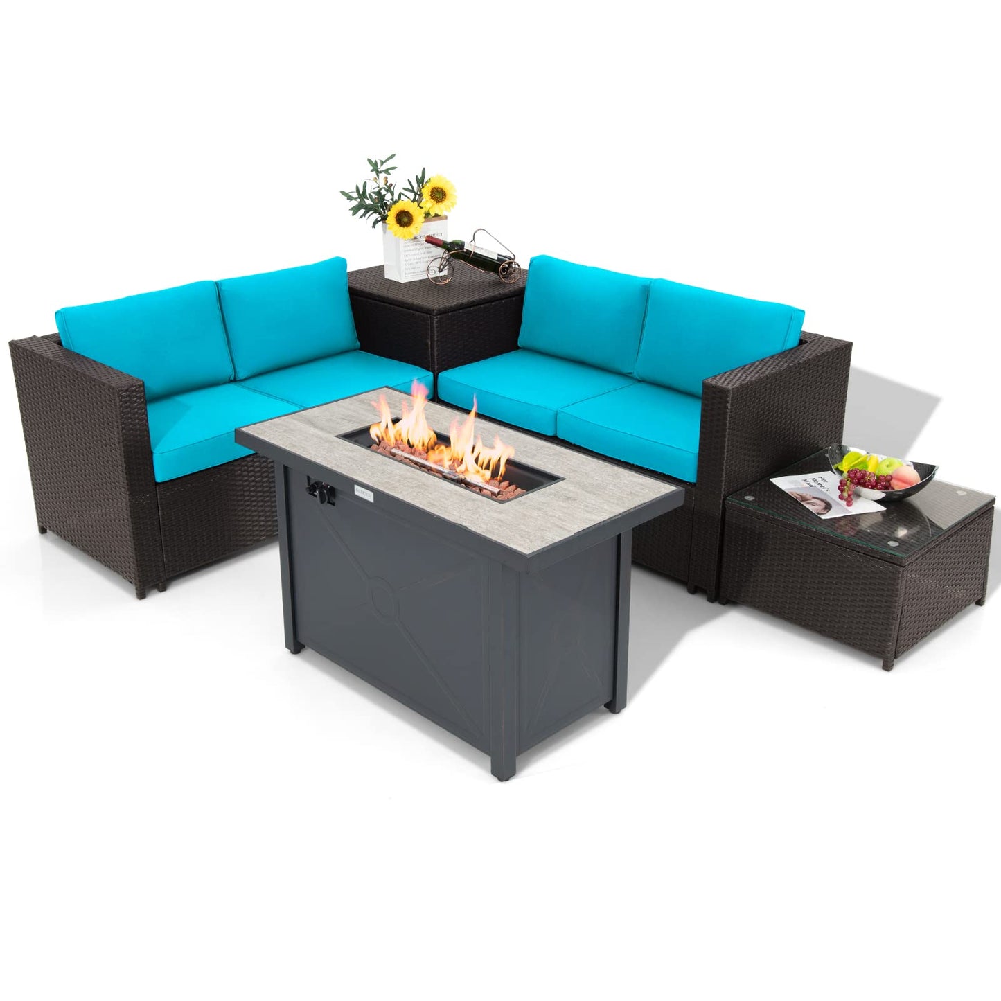 Tangkula 5-Piece Patio Furniture Set with 42 Inches Propane Fire Pit Table, Outdoor Wicker Conversation Set with Cushions
