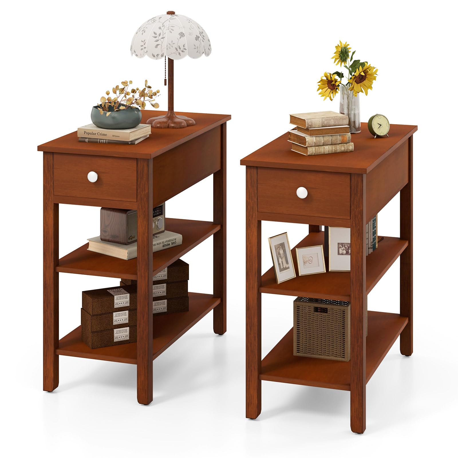 Tangkula Narrow End Table Set of 2, 24.5”H Farmhouse Side Table with Drawer