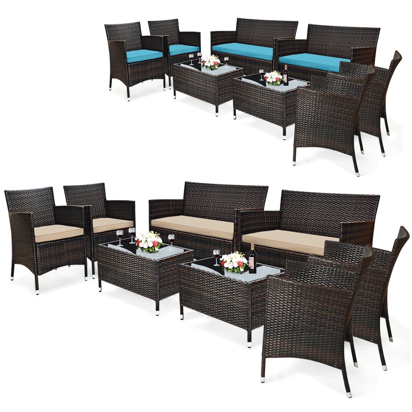 Tangkula 4-Piece Rattan Patio Furniture Set, w/Tempered Glass Coffee Table