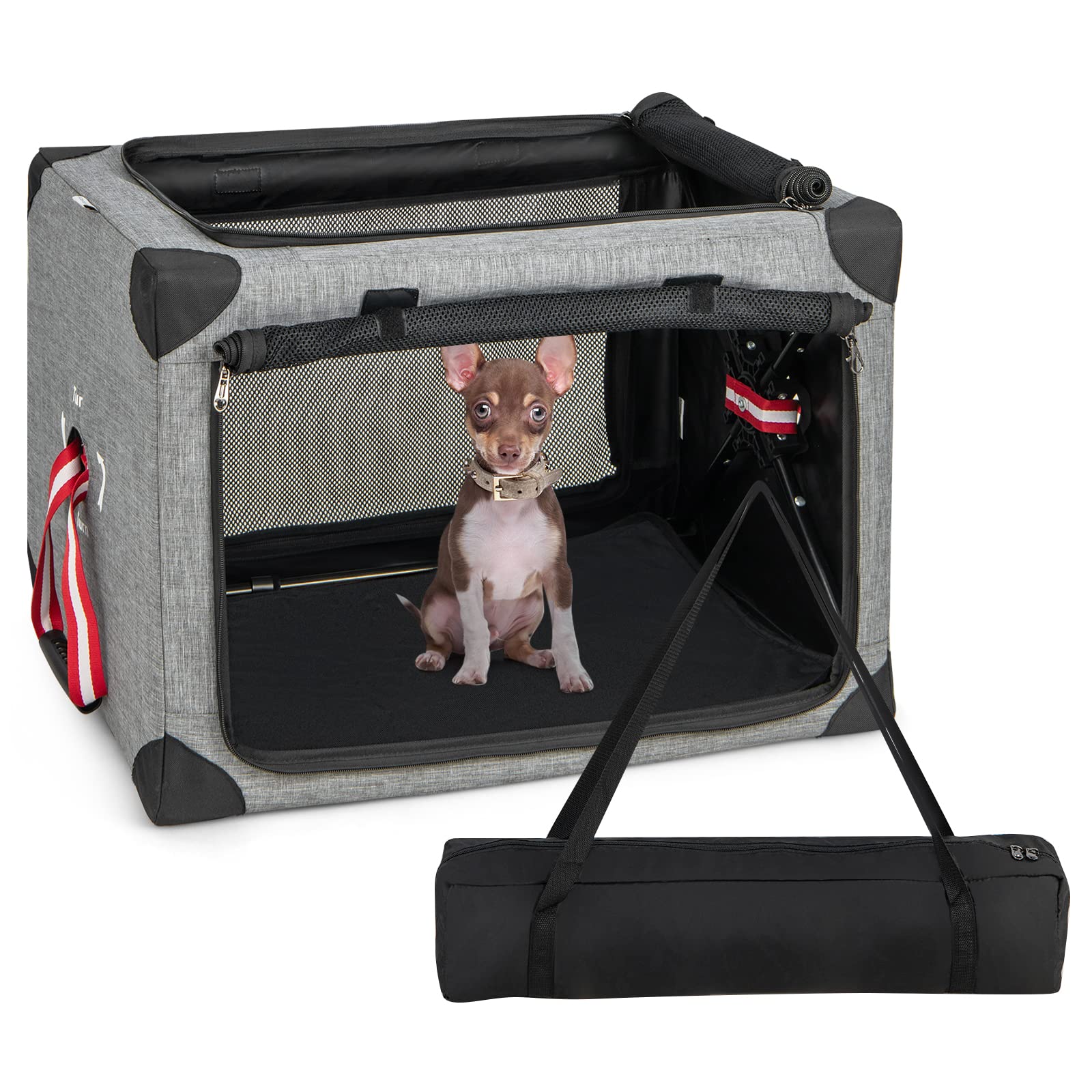 Tangkula 3-Door Folding Dog Crate, Soft Kennel with Removable Pad & Metal Frame