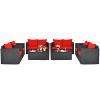 Patio Rattan Conversation Furniture Set, Outdoor Wicker Sofa Set with Padded Cushion & Tempered Glass Coffee Table