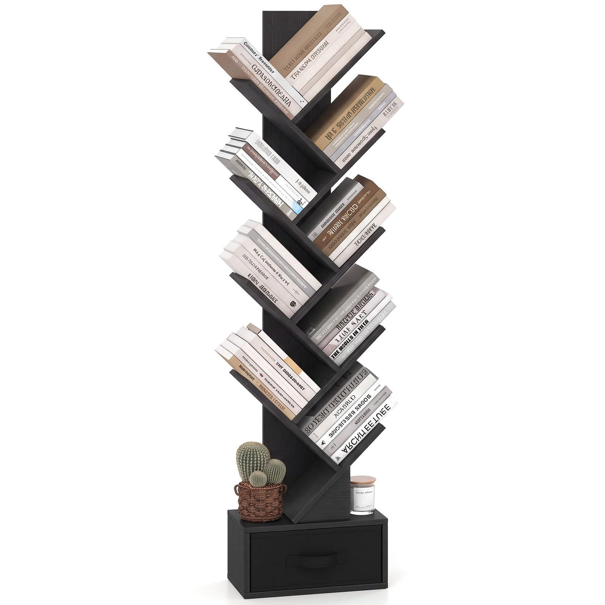 Tangkula Tree-Shaped Bookshelf with Folding Fabric Drawer