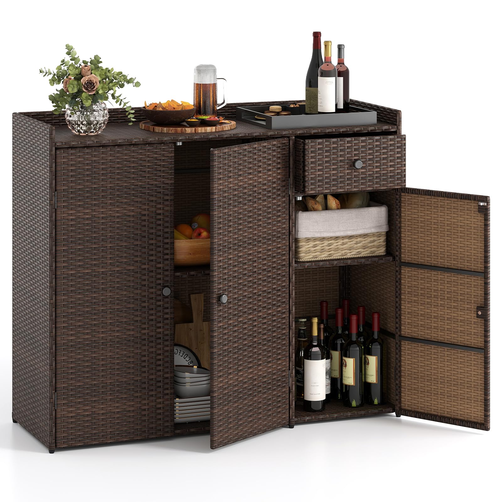 Tangkula Rattan Outdoor Storage Cabinet for Patio Garden Poolside