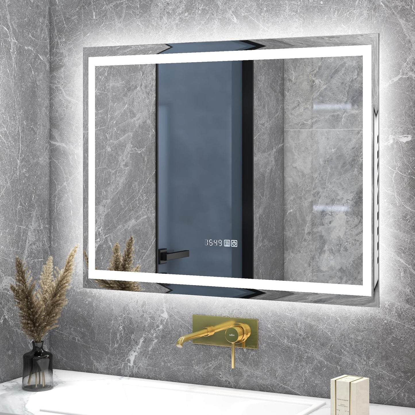 Tangkula LED Bathroom Mirror, Wall Mounted Rectangle Mirror w/ 3-Color Dimmable Lights, Time/Temp Display, Anti-Fog