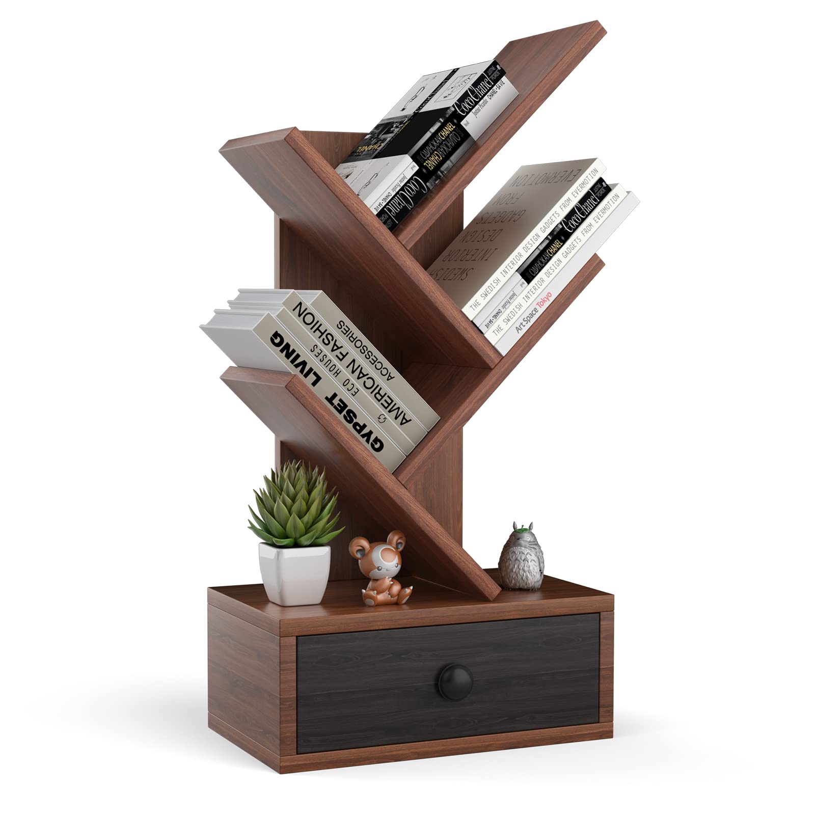 Tangkula 5 Tier Tree Bookshelf with Drawer, Rustic 5 Shelf Space Saving Corner Bookcase