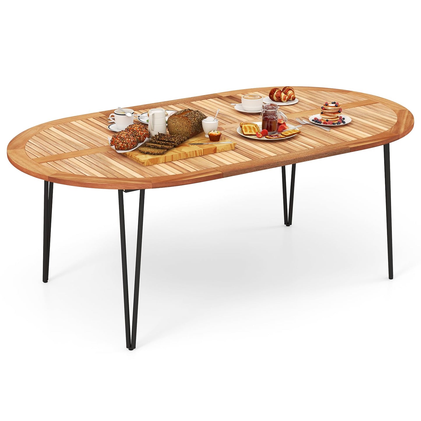 Table de salle à manger Tangkula 79 pouces pour patio, table à manger intérieure et extérieure avec trou pour parasol, plateau en bois d'acacia