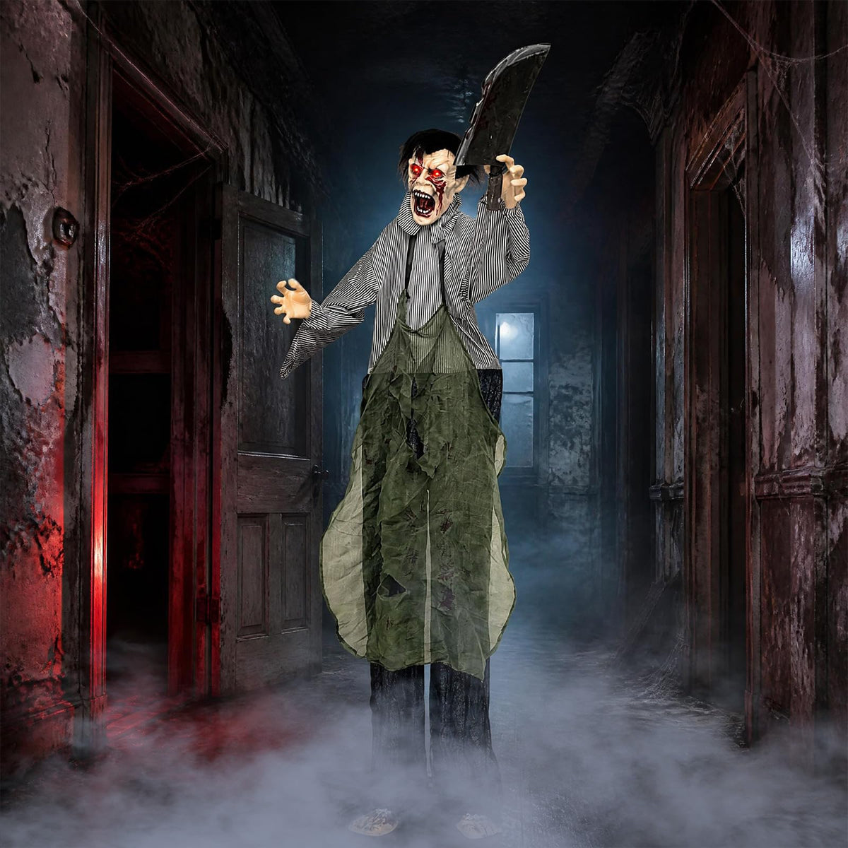 Tangkula Halloween Animated Standing Zombie Holding Knife with Glowing Eyes