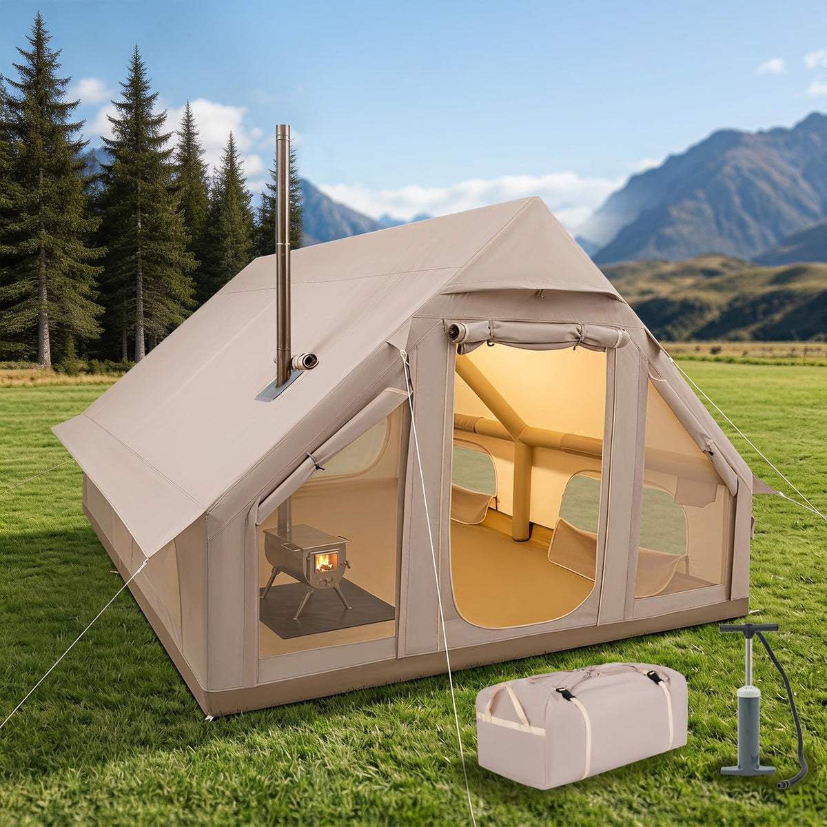 Tente de camping gonflable Tangkula avec sortie de cheminée et pompe à main